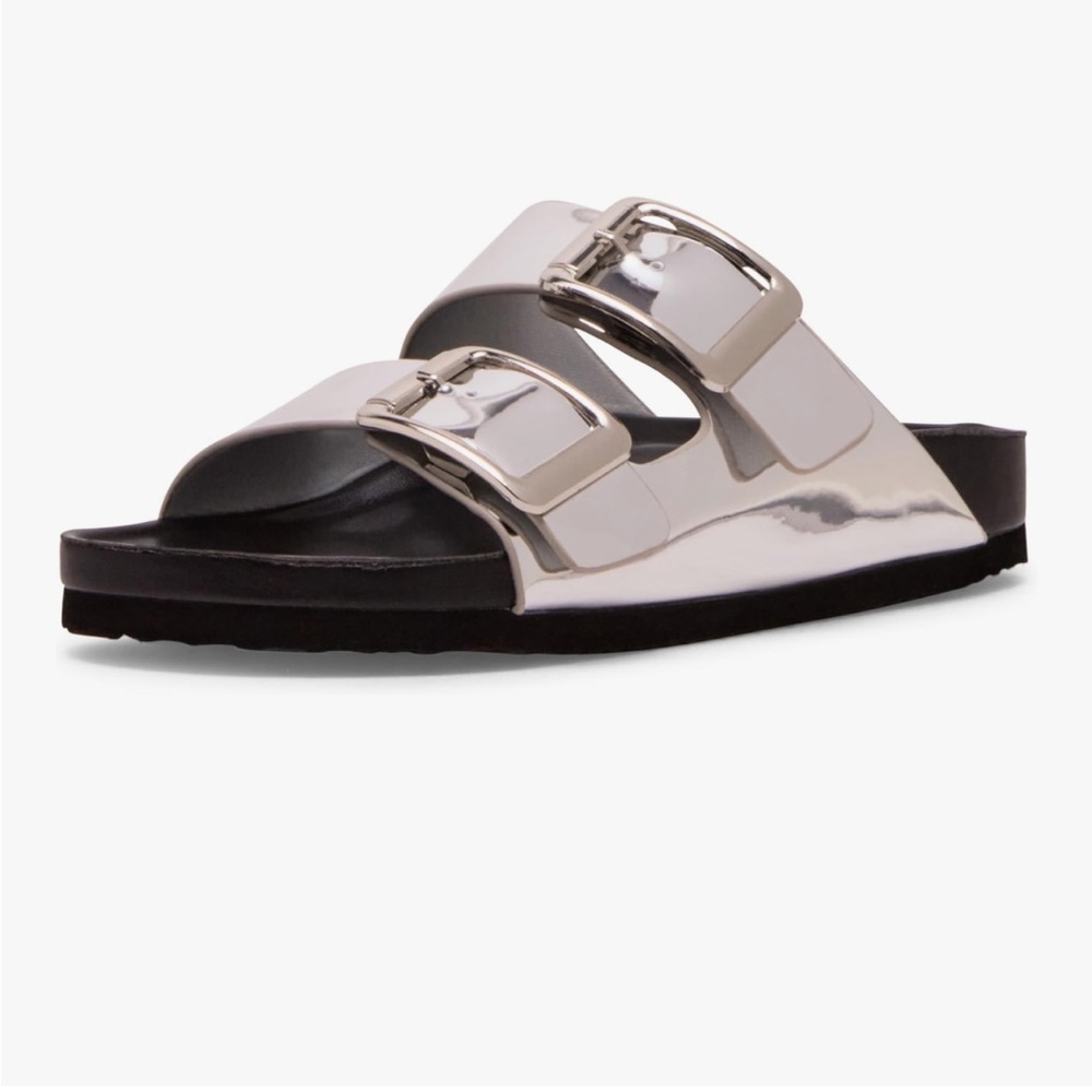 NWT Women’s Madden Girl Bodiee Buckle Slide, Metallic Silver/Black, Size 11